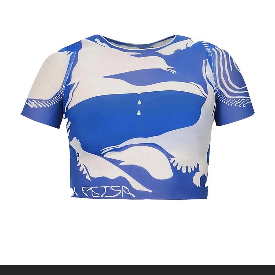 Di Petsa Blue & White Graphic Short Sleeve Crop Top